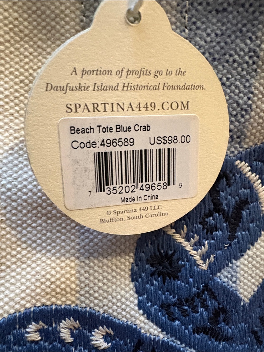 Spartina 449 beach tote Blue Crab Embroidered Stripe NwT $98 Sold out - Picture 4 of 13